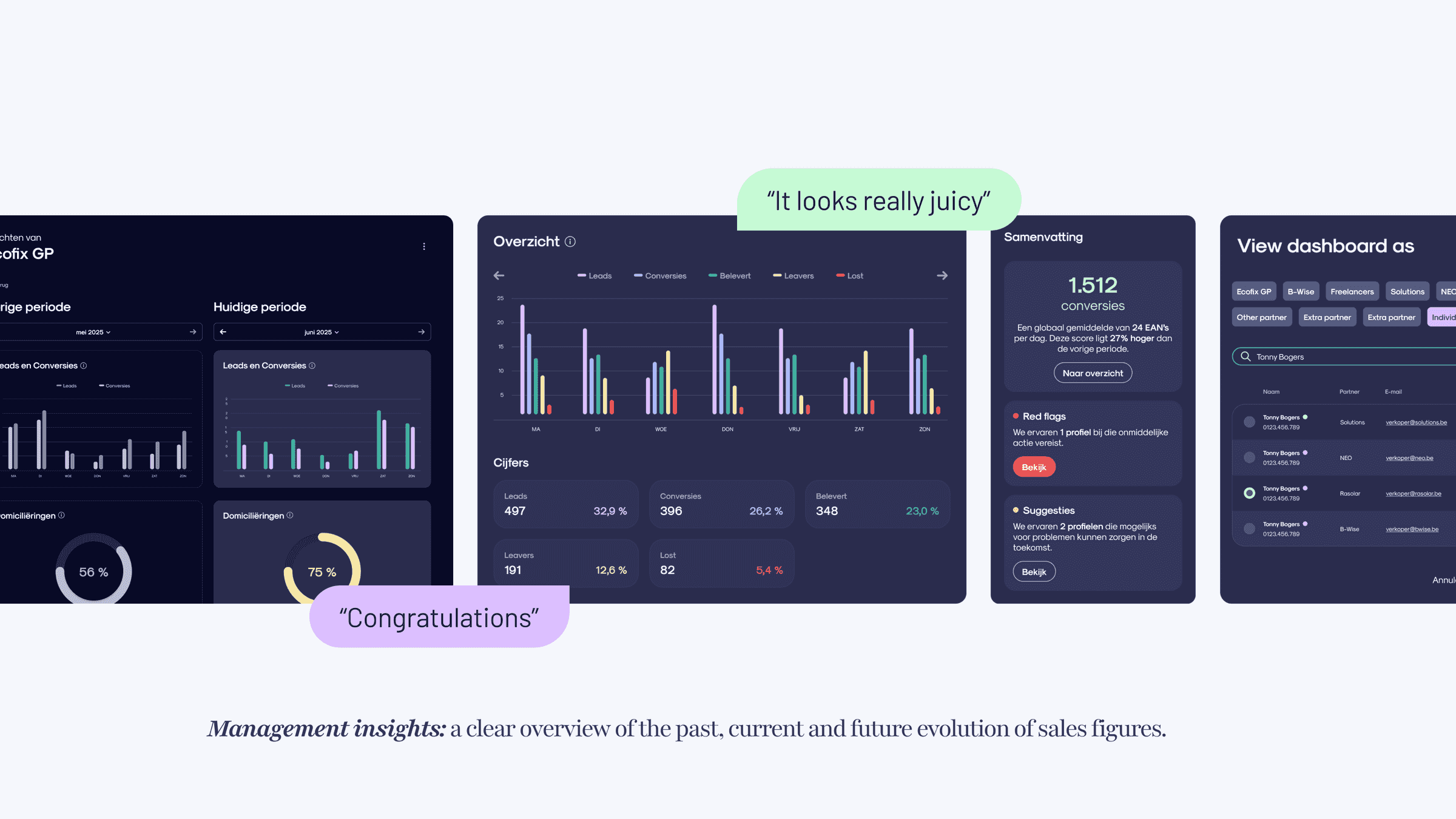Management dashboard with past, current and future sales figures