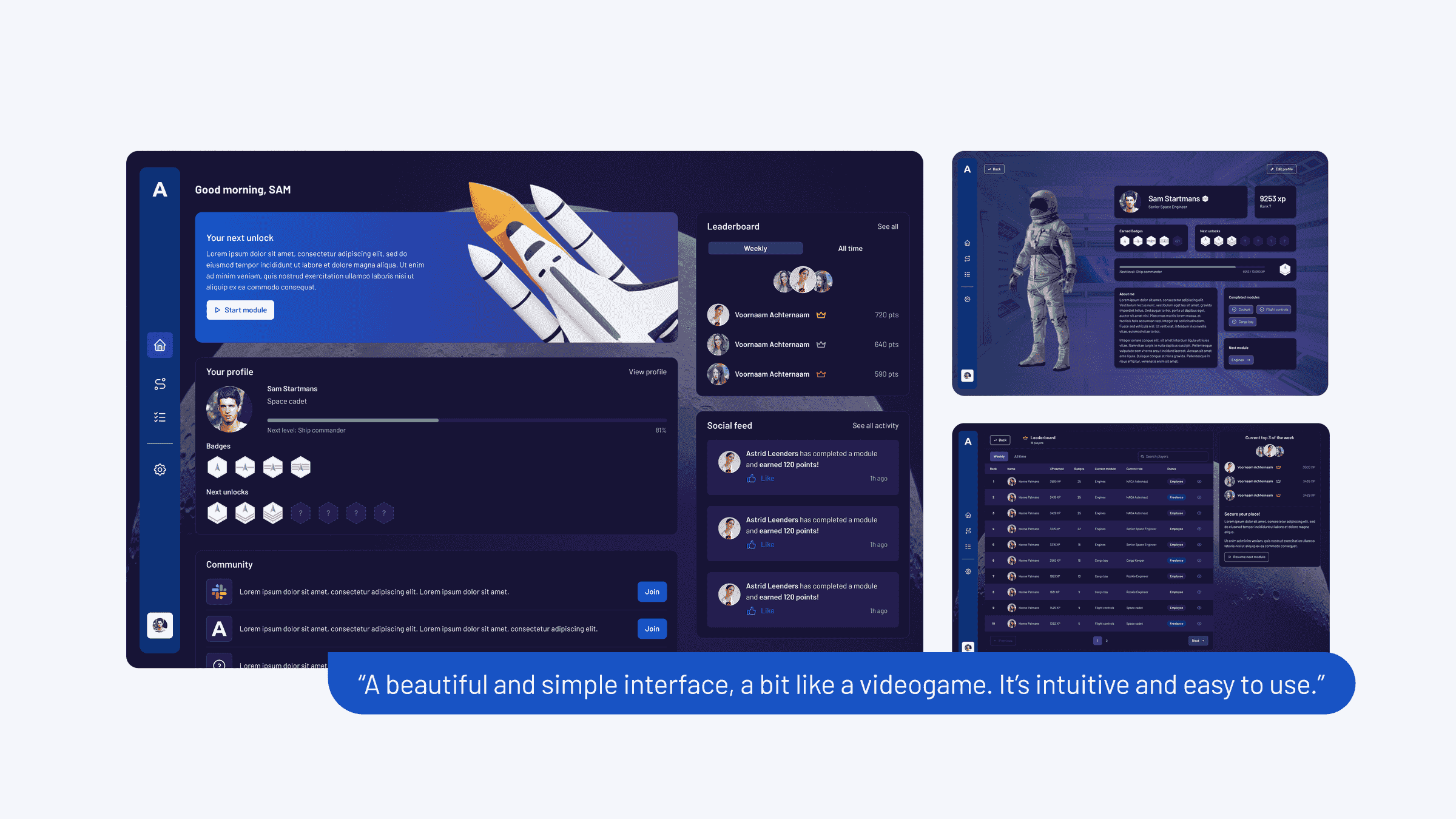 N-ACA home dashboard with profile, leaderboard, badges and social feed