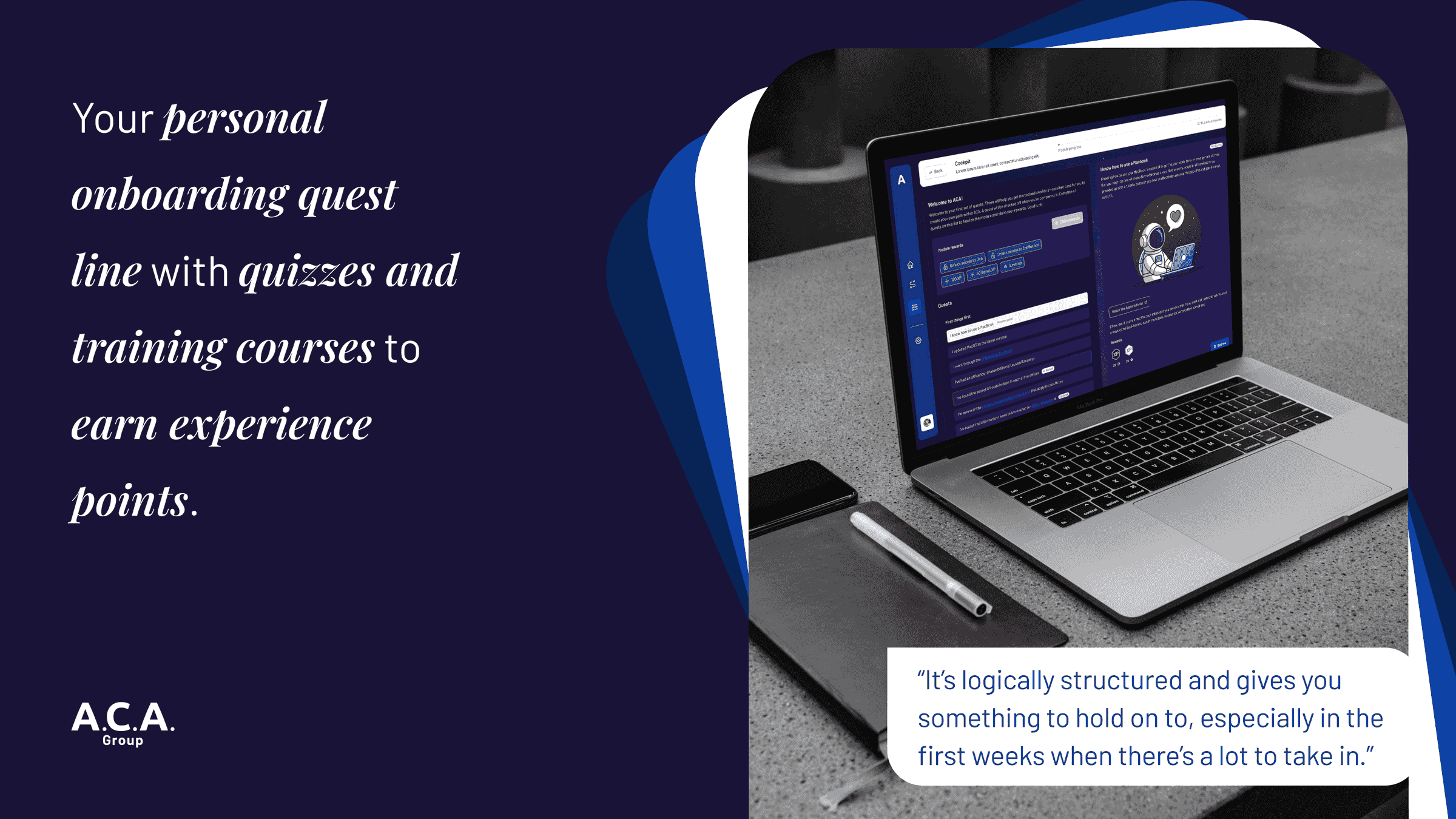 Personal quest line with quizzes and training courses on a laptop