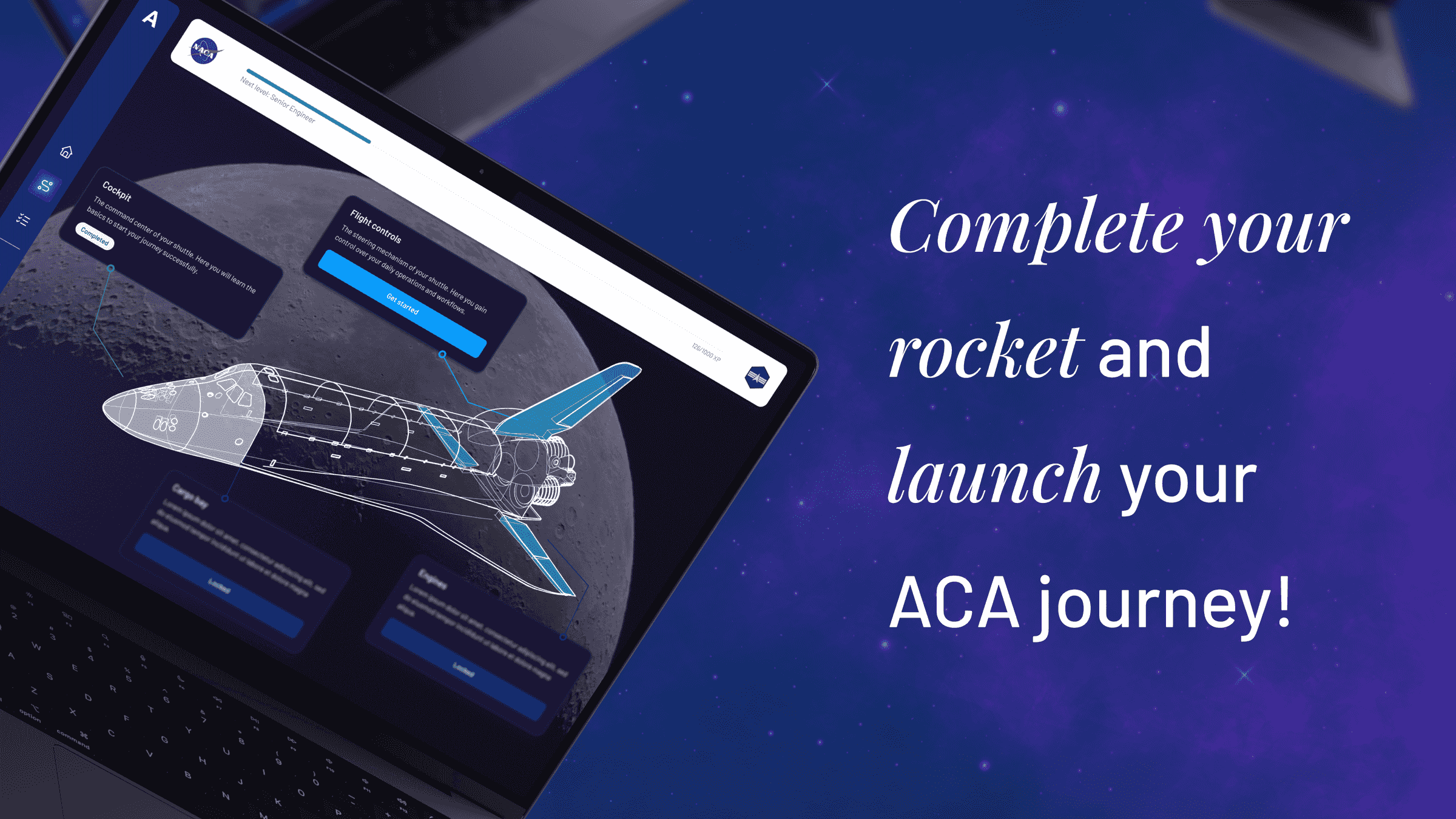 N-ACA onboarding dashboard with the rocket interface on a laptop