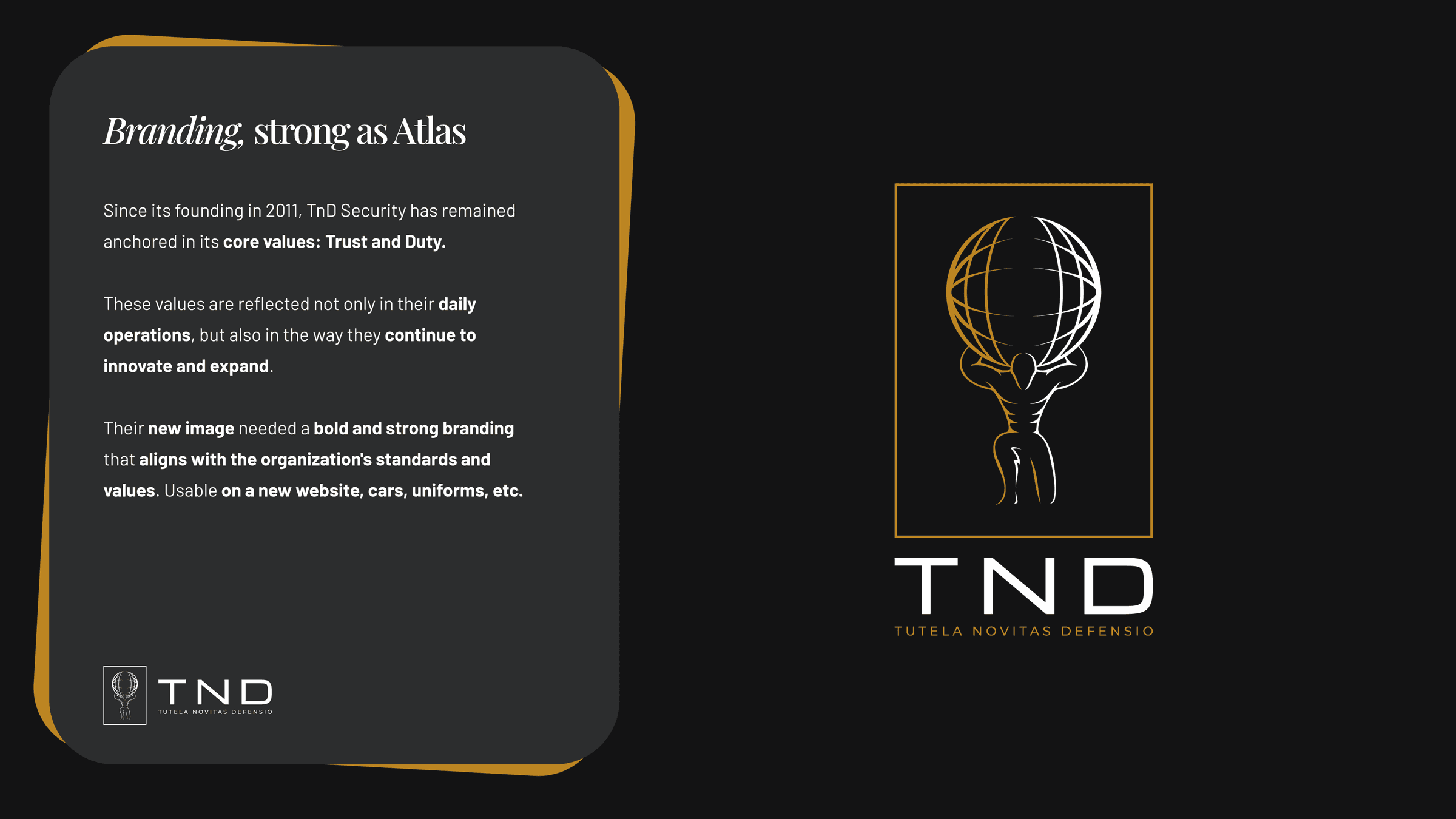 New TND Security logo: an Atlas figure carrying the world