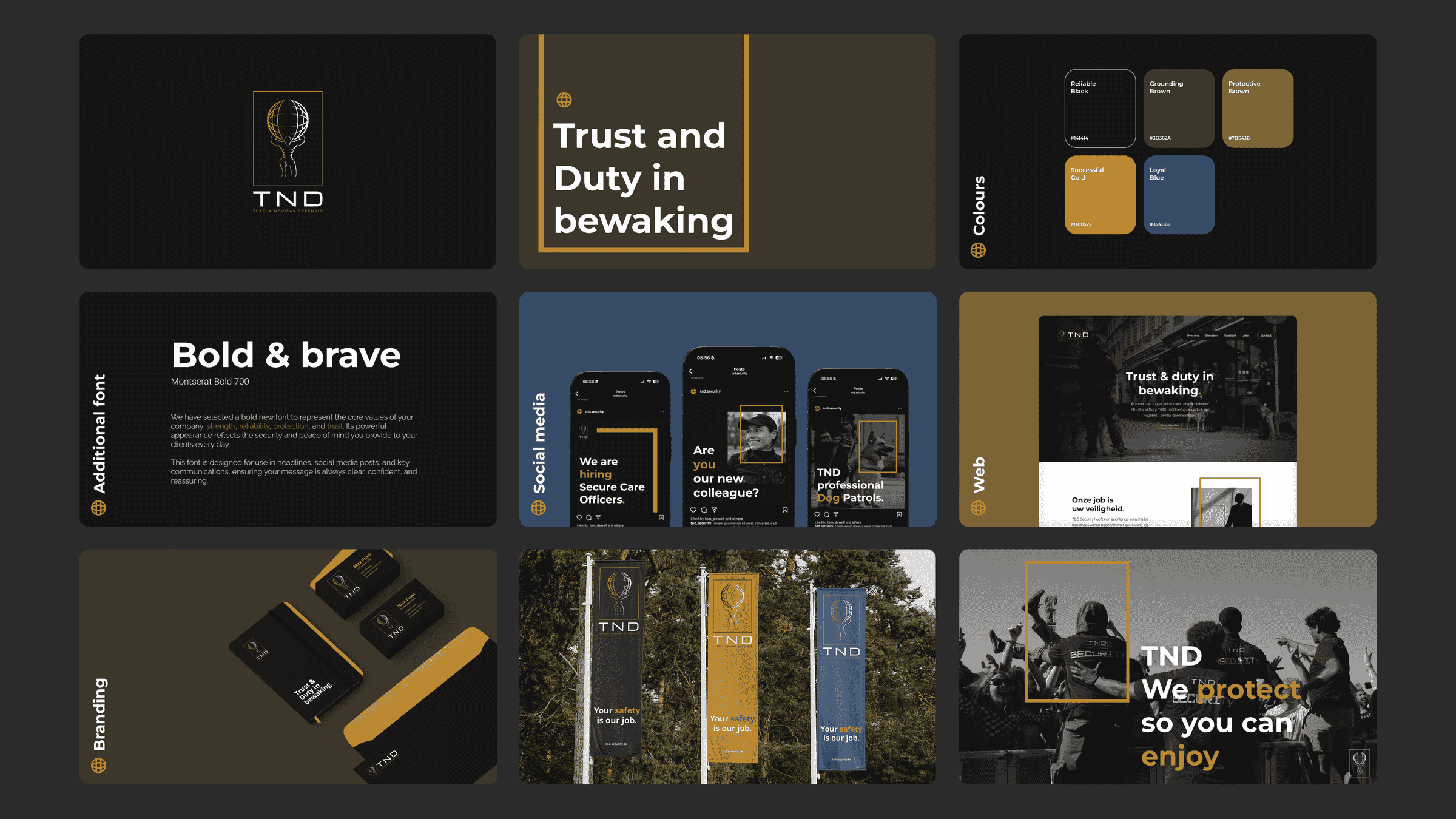 Full TND brand system: logo, colour palette, typography, social templates, web and physical branding