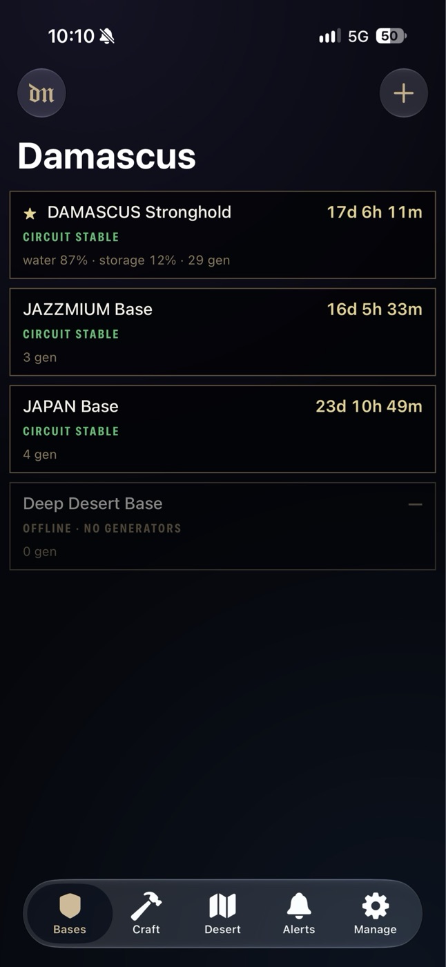 Damascus overview of all bases with the time left before power down
