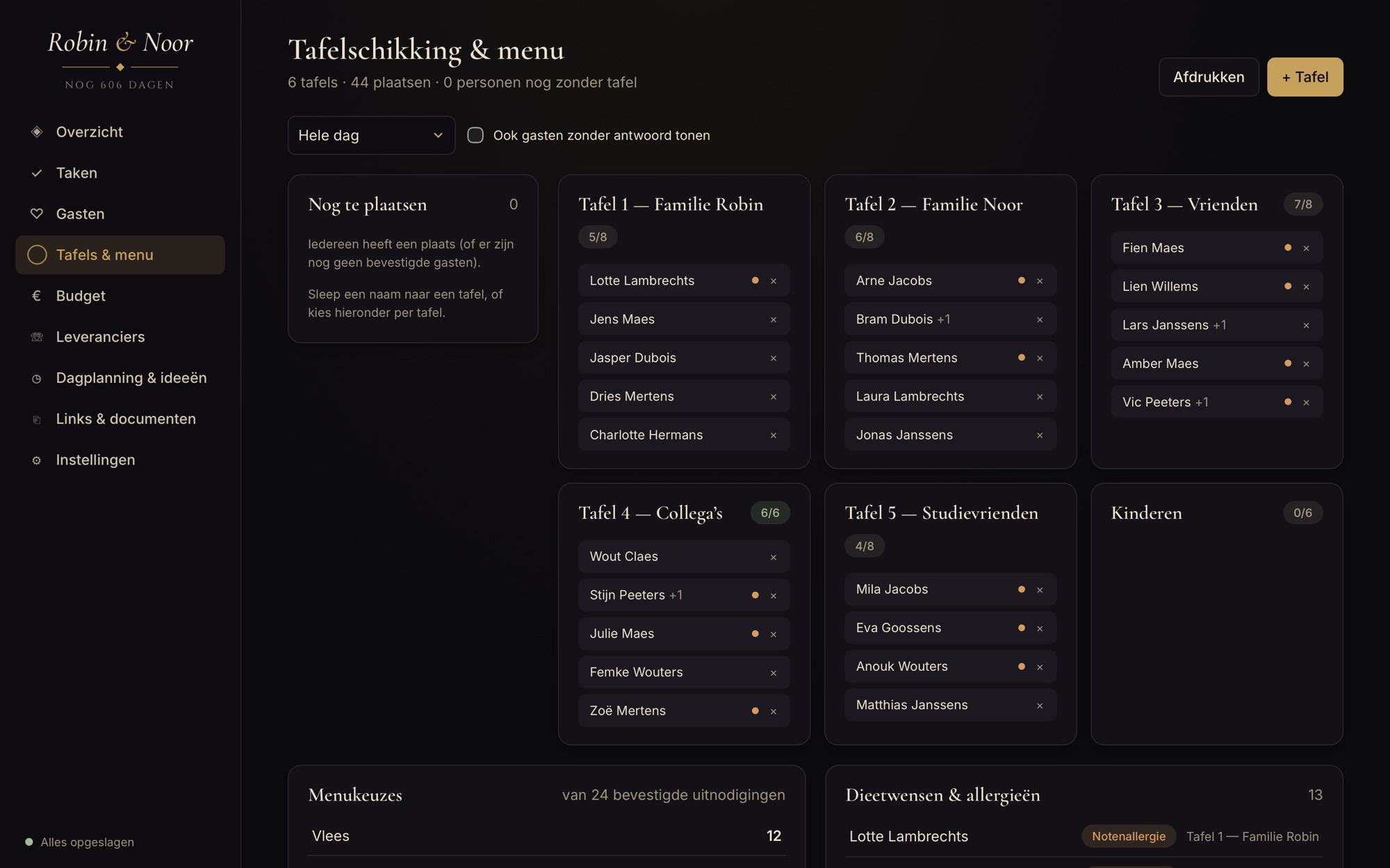Trouwplanner demo — Tables