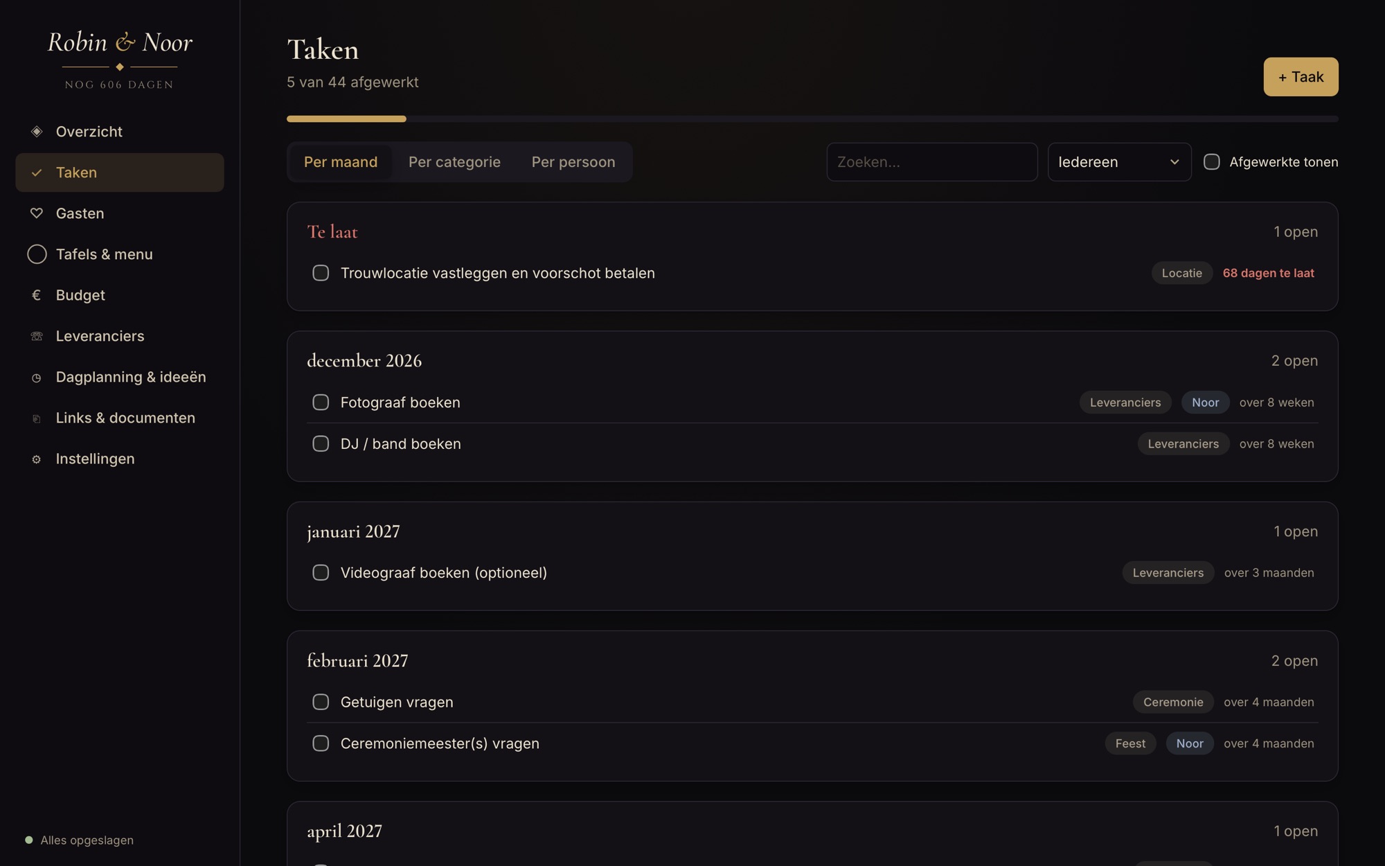 Trouwplanner demo — Tasks